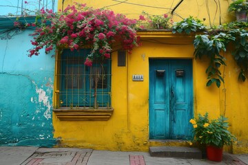 Fototapeta na wymiar The facade of a beautiful house in the colors of Latin America