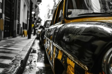A city taxi painted in black and yellow on the streets