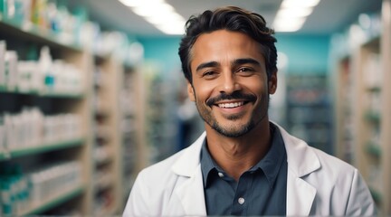 Portrait of smiling happy male pharmacist on a drug store background from Generative AI