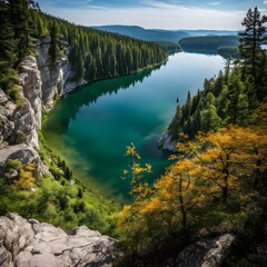 Fototapeta premium View of the lake on a serene cliff.