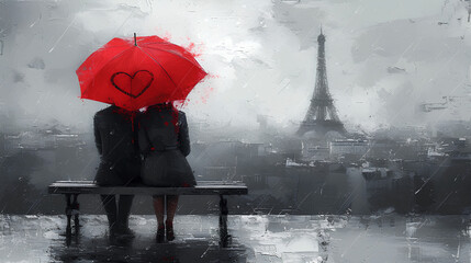 A couple in love sitting on a bench under a red umbrella overlooking the Eiffel Tower. Paris rainy cityscape oil painting. Love and travel. For Valentine's day. Romantic illustration for wallpaper 