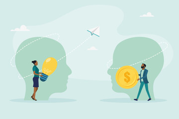 Venture capital or financial support for startups and entrepreneurial companies, money making idea or idea presentation. Concept of exchanging ideas for money. Vector illustration.
