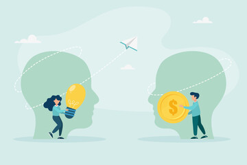 Venture capital or financial support for startups and entrepreneurial companies, money making idea or idea presentation. Concept of exchanging ideas for money. Vector illustration.
