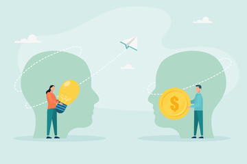 Venture capital or financial support for startups and entrepreneurial companies, money making idea or idea presentation. Concept of exchanging ideas for money. Vector illustration.
