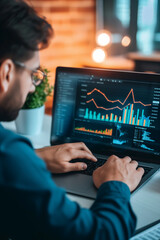 Intensive Market Research: Professional on Laptop with Financial Analysis Tools