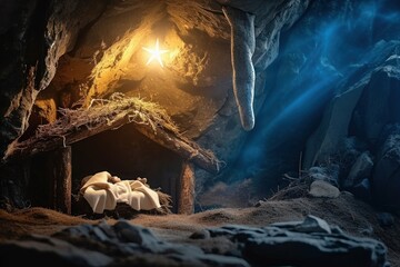 Christian Christmas scene with empty wooden manger, star of Bethlehem in cave. Birth of Jesus Christ, nativity scene background, Generative AI 