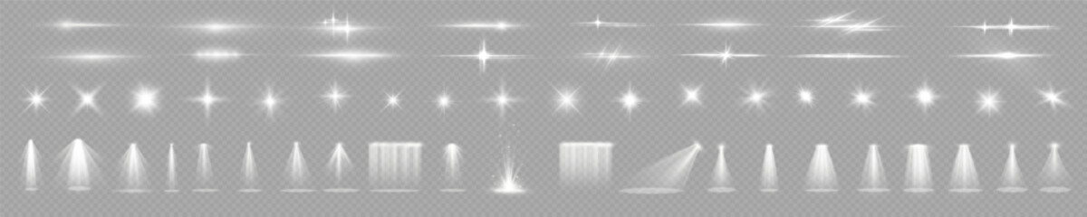 Light effect set. Sparkl glow isolated white transparent light effect set, lens flare, explosion, glitter, dust, line, sun flash, spark and stars, spotlight. Sunlight, abstract special effect. - obrazy, fototapety, plakaty