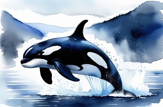 Killer whale ( Orka) juimping out icy water with splashes. Jumping killer whale. Watercolor painting.