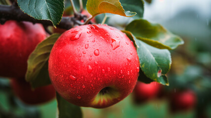 red ripe apple on an apple tree branch