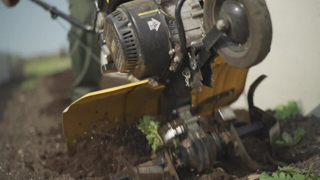Gardener working in the field, plowing with machine. Man farmer working in field ploughing the land with a plough on a farm. Ploughman on a walk behind motor cultivator