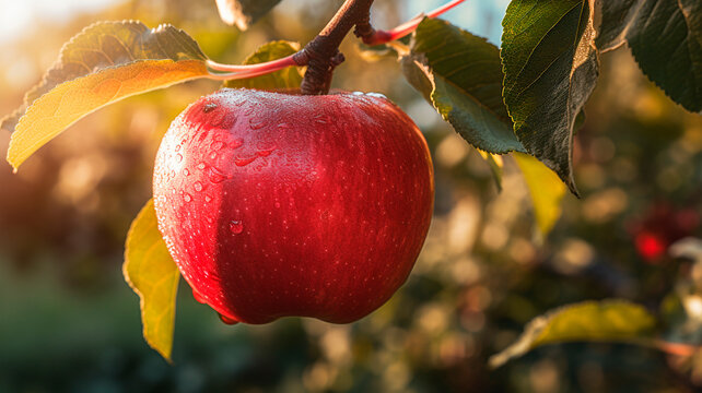 red ripe apple on an apple tree branch