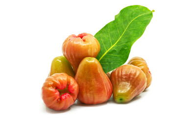 Thailand fruit, A Group of Rose Apple on a white background with its leaf as decoration, close up a...