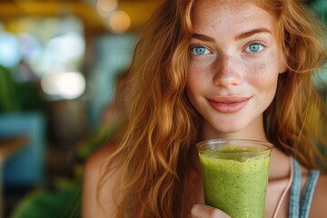 girl holds a green smoothie