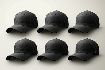 A set of blank black baseball caps isolated on a transparent background, serving as template mock-ups for design purposes
