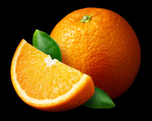 Orange isolated on black. Orange with slice and leaves on black background. Orange fruit for dark design. Full depth of field. - 724640422