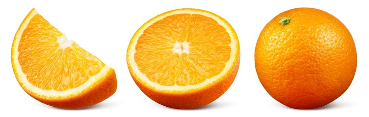 Orange slice isolated on white. Orange with slice and half on white background. Orange fruit collection with clipping path. Full depth of field. - 724640487