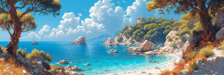 Mediterranean allure: A captivating summer seascape with turquoise waters, golden shores, and scenic coastal beauty