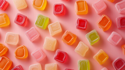 Cute sweet candies background, flat lay. 