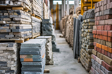 Stacked bricks and tiles in a building material warehouse