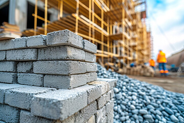Concrete blocks in focus with construction activity and materials blurred in the background
