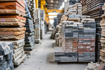 Warehouse aisle with organized stacks of bricks and tiles