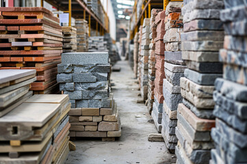 Aisle in a construction material warehouse with stacked bricks