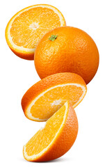 Orange isolated. Orange fruit: whole, piece, and round slice on white background. Orang flying...