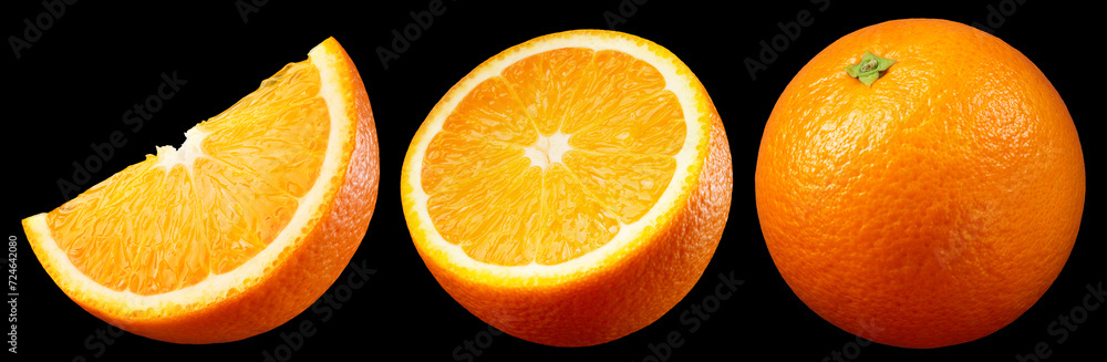 Wall mural Orange isolated on black. Whole orange with half and slice on black background. Orang fruit collection with slice. Clipping path. Full depth of field. - Wall murals