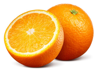 Orange with a half isolated. Two oranges on white background. Orang fruit with slice. Clipping path. Full depth of field.