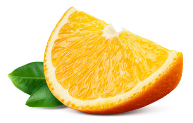 Orange slice isolated. Cut orange with leaves on white background. Orange fruit piece with clipping path. Full depth of field.