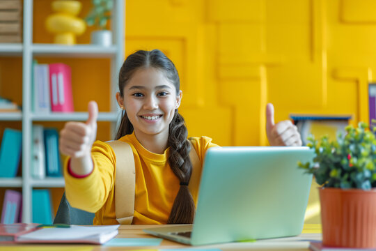 Smiling girl with laptop giving thumbs up in a bright yellow room
