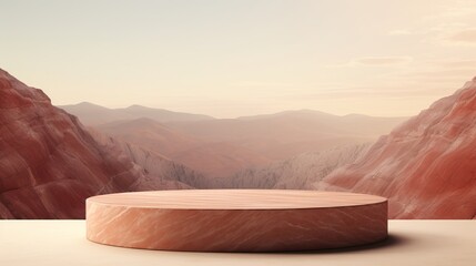 Oval marble peach fuzz podium on mountain background, perfect for outdoor design and decorations, banner