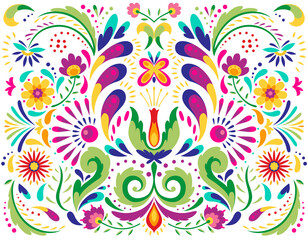 Fototapeta na wymiar Mexican flower traditional pattern background. Ethnic embroidery decoration ornament. Flower symmetry texture. Ornate folk graphic, wallpaper. Festive mexican floral motif. illustration