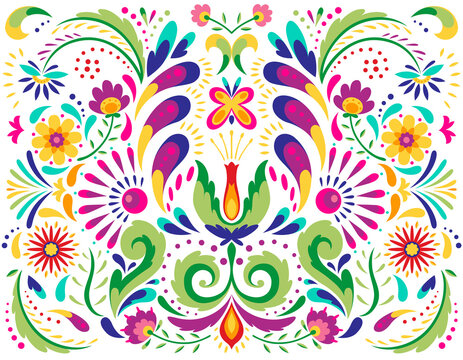 Mexican flower traditional pattern background. Ethnic embroidery decoration ornament. Flower symmetry texture. Ornate folk graphic, wallpaper. Festive mexican floral motif. illustration