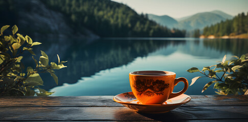 A wooden table with an orange teacup on the edge of the lake - obrazy, fototapety, plakaty