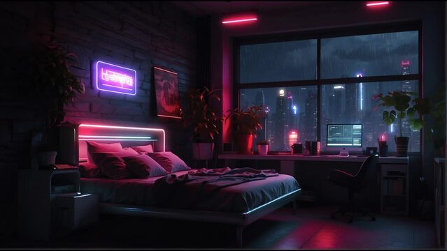 background animation loop, stream overlay. interior cozy futuristic living room at nighttime, rain. vtuber streamer asset, zoom screen, live wallpapers. chill anime lo-fi hip hop video, 