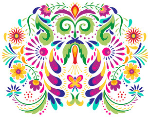 Mexican flower traditional pattern background. Ethnic embroidery decoration ornament. Flower symmetry texture. Ornate folk graphic, wallpaper. Festive mexican floral motif. illustration