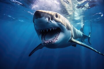 Great White Shark - Majestic Underwater Predator Hunting Near Blue Water Surface in Africa