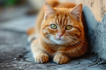 Adorable ginger kitten with beautiful green eyes posing outdoors looking at the camera