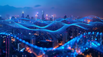 Smart city and big data connection technology concept with digital blue wavy wires with antennas on night megapolis city skyline background, double exposure - obrazy, fototapety, plakaty