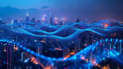 Fotobehang Smart city and big data connection technology concept with digital blue wavy wires with antennas on night megapolis city skyline background, double exposure © Emil