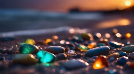 beautiful beach colored stones in the beach side with waves at the night, phosphorus stones, colored beach stones background - obrazy, fototapety, plakaty