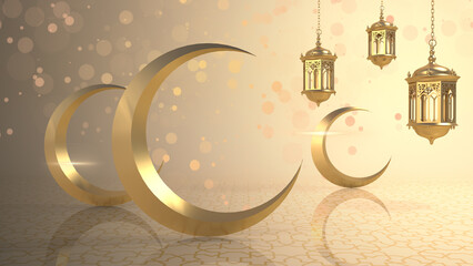eid mubarak poster empty space with gold theme 3d rendering, decorated with moon and ilsamic lamp