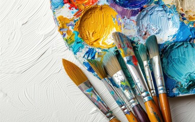 Fototapeta premium Art supplies for children s artwork featuring paintbrushes and a palette set against a white background