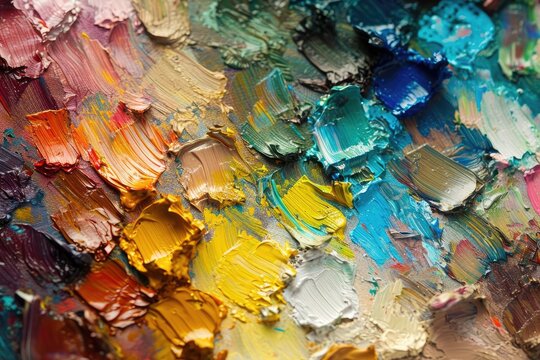 Arranging and mixing oil paints on a varicoloured palette in a painter s workroom