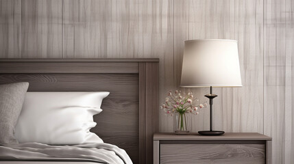 Stylish interior of bedroom. Bed with pillows, lamp on the bedside table against the background of a wooden wall