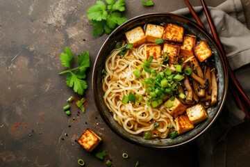 Asian vegan ramen with roasted tofu shiitake mushrooms on grunge background Top view Selective focus