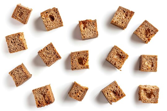 Assortment of homemade rye bread croutons isolated on white background Crispy cubes dry crumbs rusks croutons or roasted cracker pattern