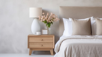 Stylish interior of bedroom. Bed with pillows, lamp on the bedside table against the background of a wooden wall