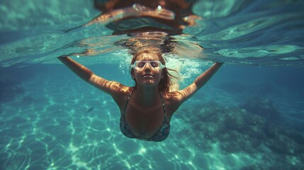 Attractive young womanl swims underwater in the sea.Woman swimming underwater in sea. - obrazy, fototapety, plakaty